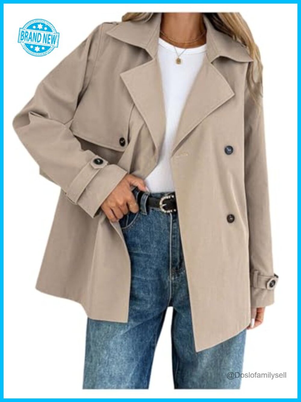 Double Breasted Trench Coat Long Sleeve Belted Business Casual Jacket